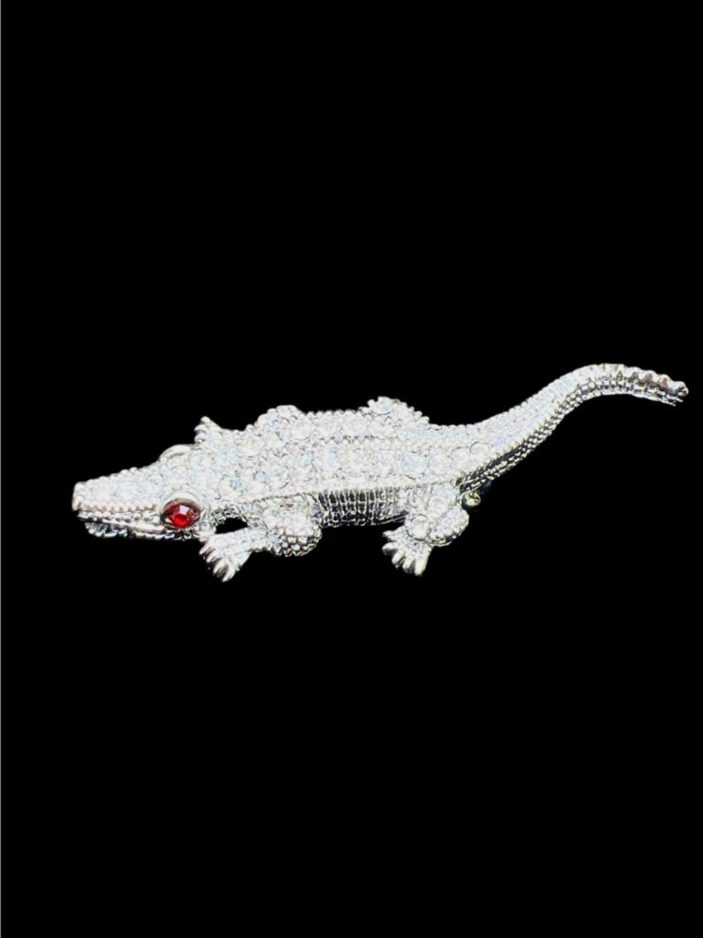 Rhinestone Vintage Alligator Brooch Pin With Red Eyes - Sparkling Silver-Tone - Picture 4 of 8